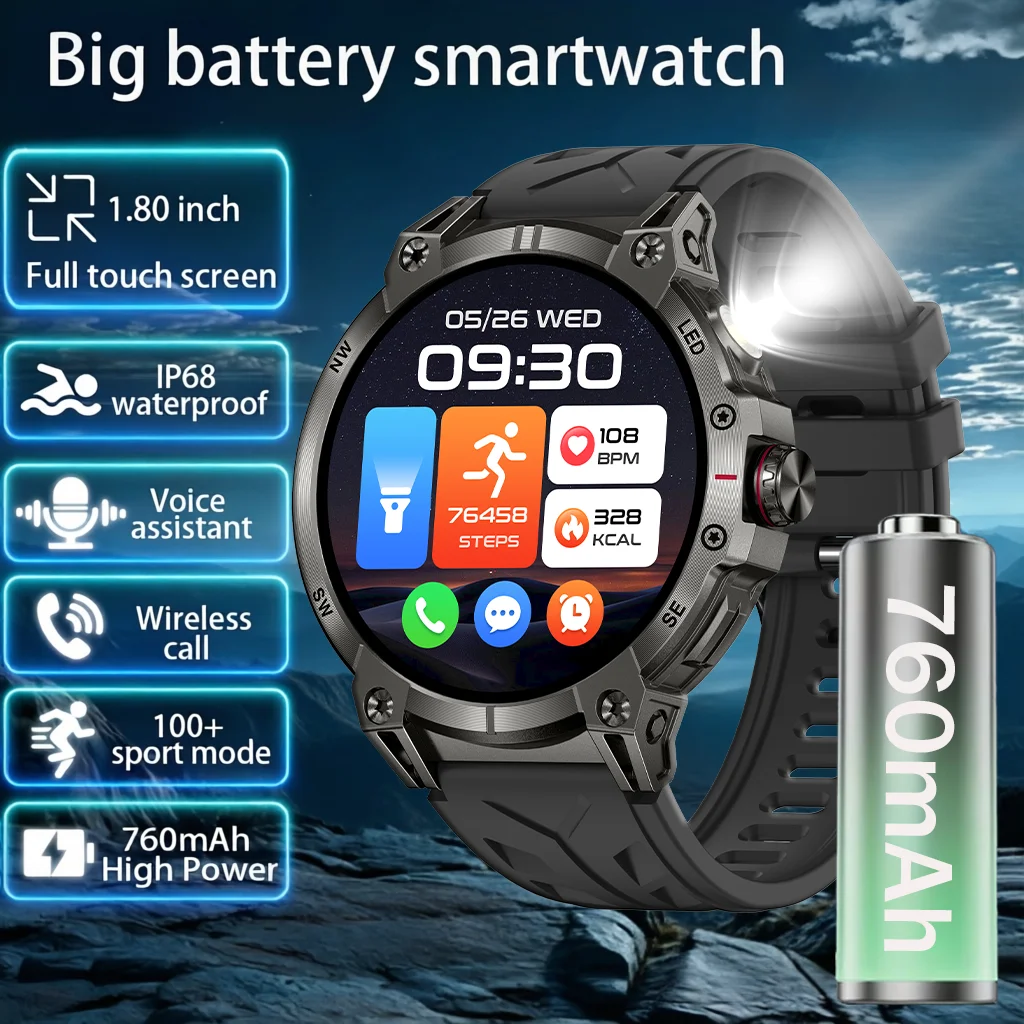 

Новые смарт-часы 2026 года с встроенной батареей 760 мАч, GPS, 1,80-дюймовым HD-экраном, водонепроницаемостью 5ATM, спортивными режимами и HD-звонками для мужчин