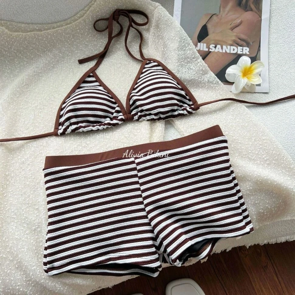 Shorts Y2k Stripe Summer Sexy Swimsuit Set Women Clothing Harajuku Casual Streetwear 2000s Clothes Chic Classic Bikini And Short