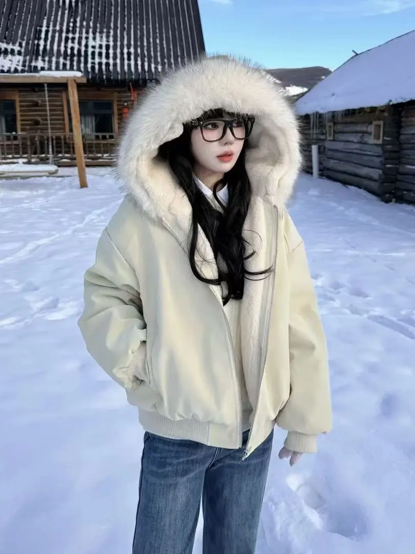 

Thiened Winter Cotton Jaet with Fur Collar And Hood ort American Sle PU Leather Youth Faion Warm Long Sve Zipper...