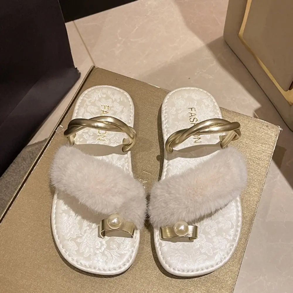 

Fashion French Plush Slippers Fluffy Casual Plush Sandals Slippers Anti-slip Open-toed Flat Flip-flops Women