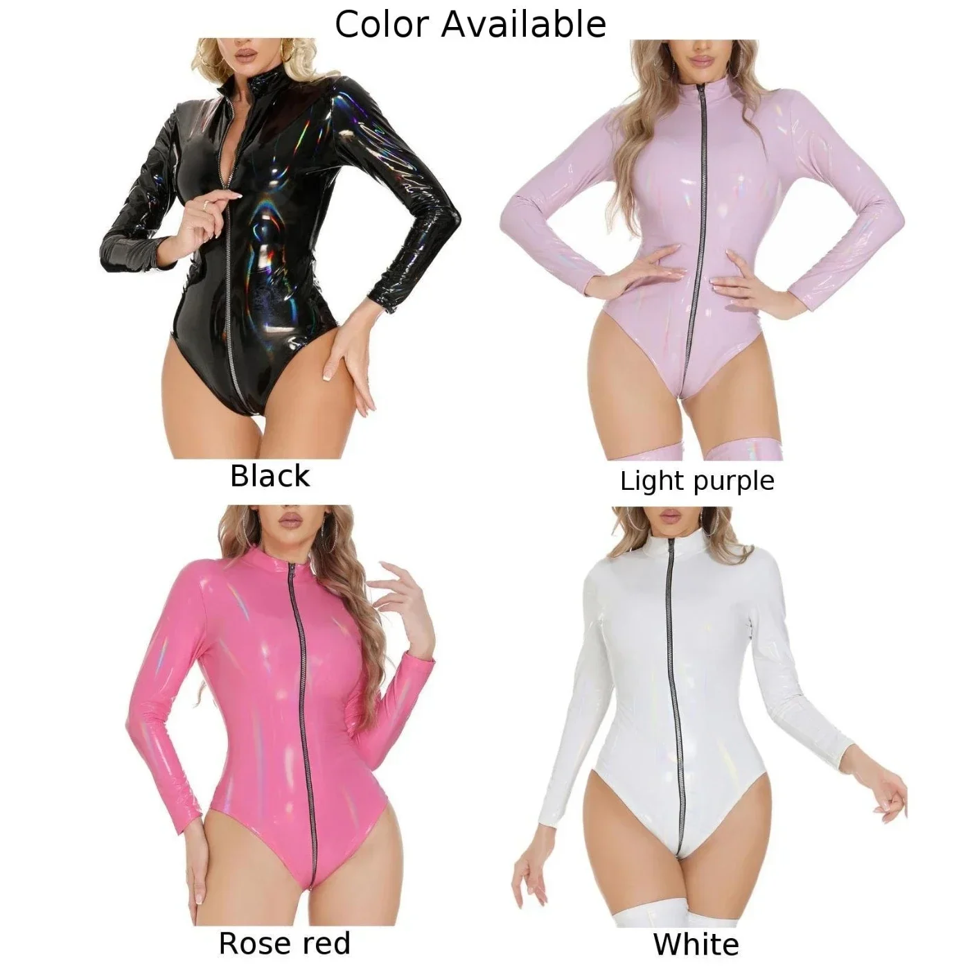 المرأة مثير طويلة الأكمام بو الجلود ارتداءها نظرة الرطب البريدي Crotchless بذلة الأسود والوردي الأحمر والأرجواني الفاتح والأبيض