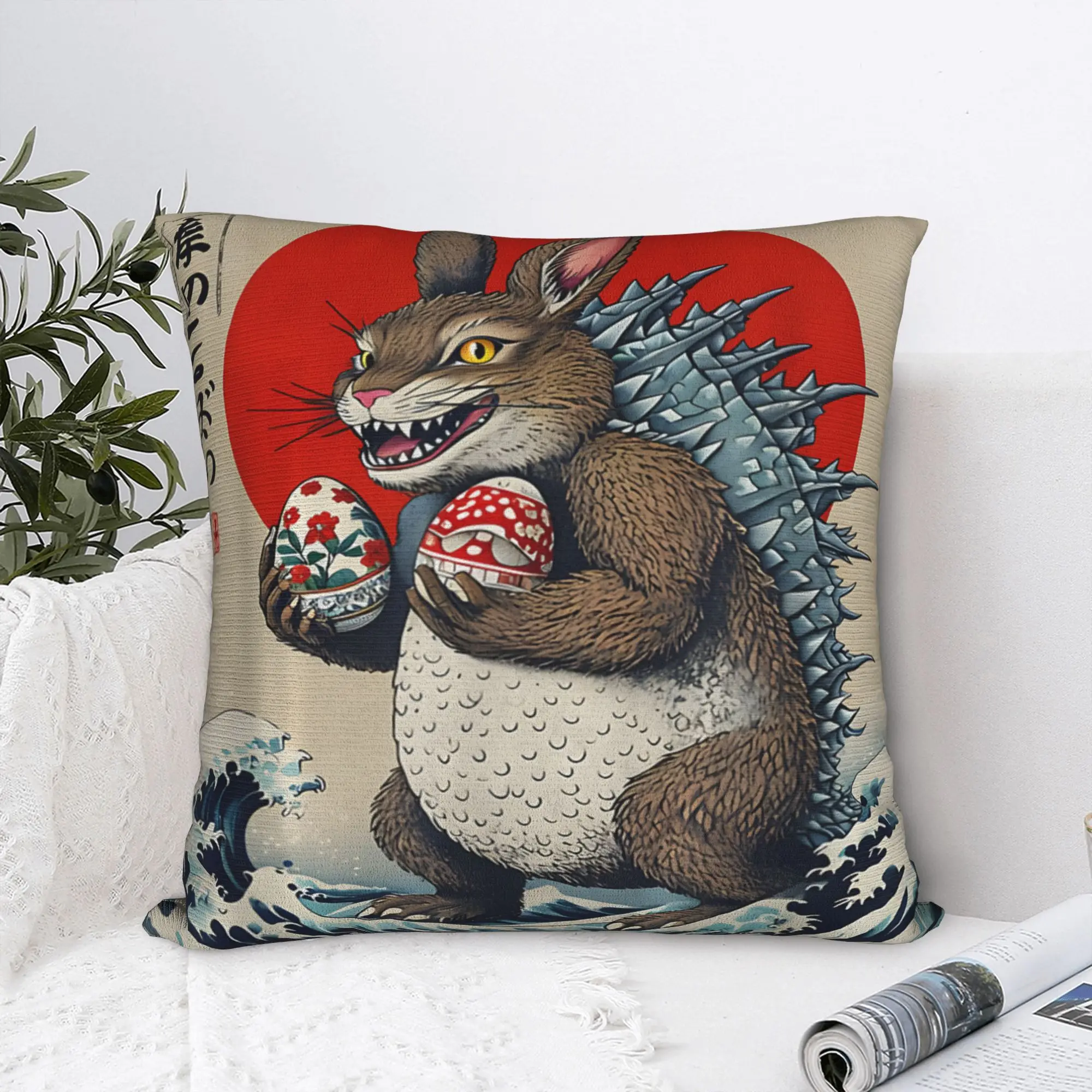 Bunnyzilla Japanese Art Bunny Rabbit Easter Pillow Case  Soft Pillow Cover For Chair Sofa Home Decor Kawaii Cushion Cover