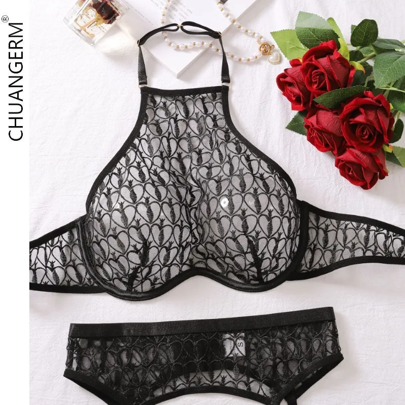 CHUANGERM Gather Female Underwear for Women Embroidery Lace Bra Net Women\'s Clothing Set Secret Four Four Sets  Lingerie Sexy