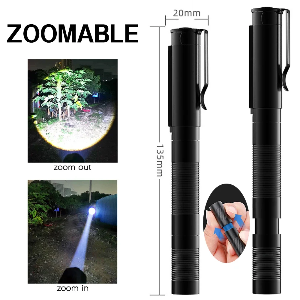 Super Bright LED Flashlight Zoomable USB Rechargeable with Pen Clip Torch Outdoor Emergency Inspection Maintenance Lantern Edc