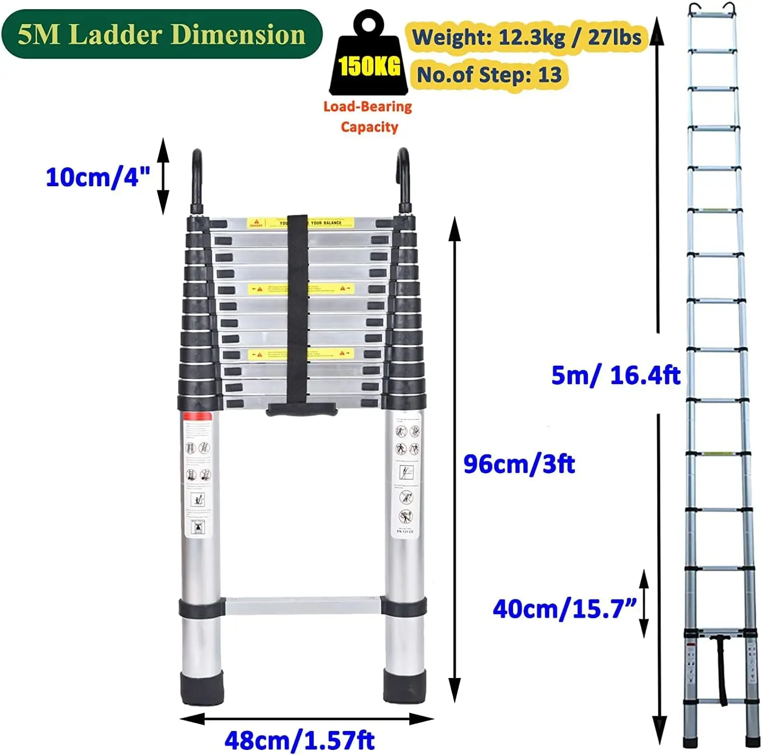 DayPlus 5M telescopische ladder met haken, 16,5FT multifunctionele opvouwbare aluminium opvouwbare ladderverlenging zolderladder, 330lb EN131