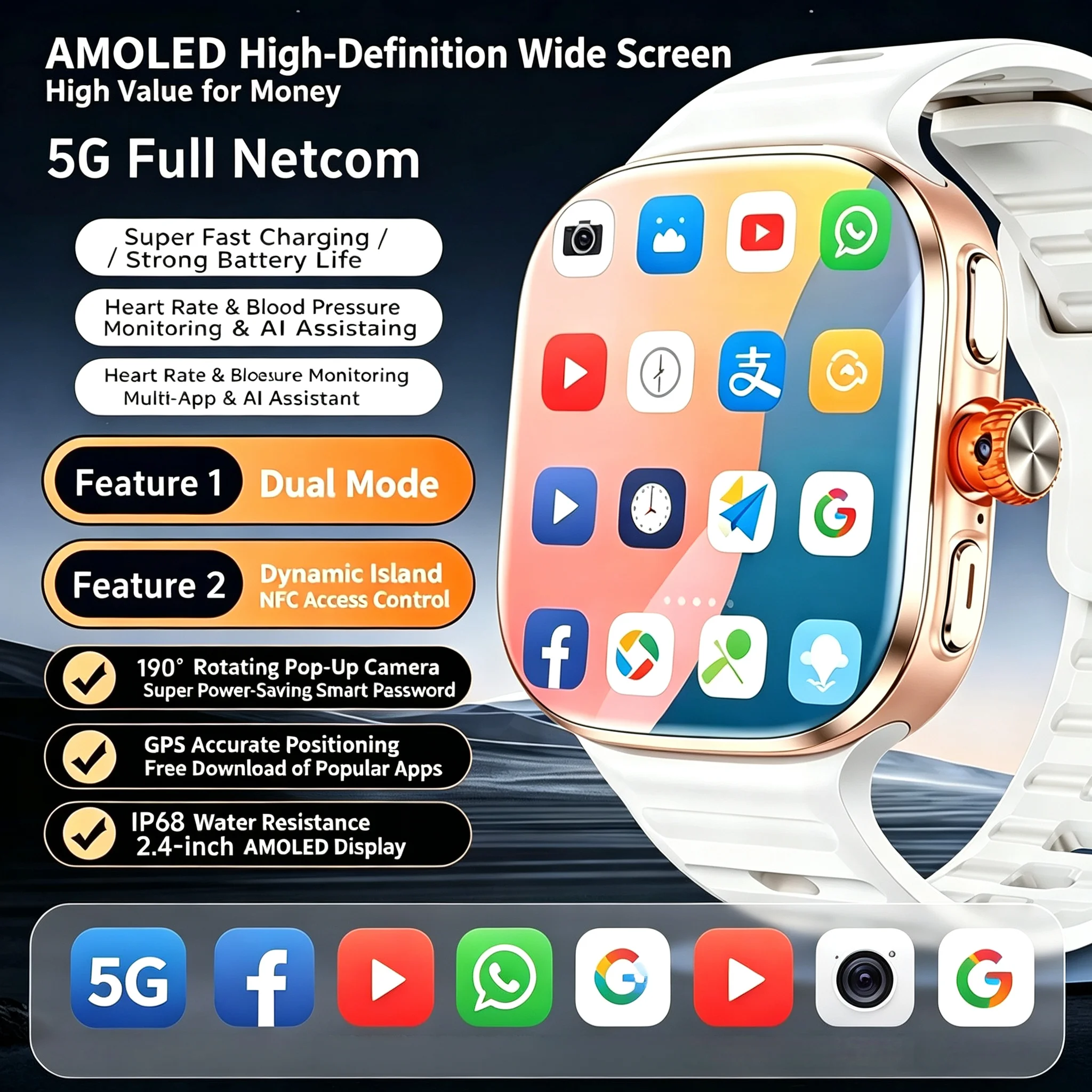 Dual Mode M99 Smart Watch Android 10 Smartwatch With Sim Card Rotary Camera GPS WIFI Compass 256GB Storage 2.4inch Larger Screen