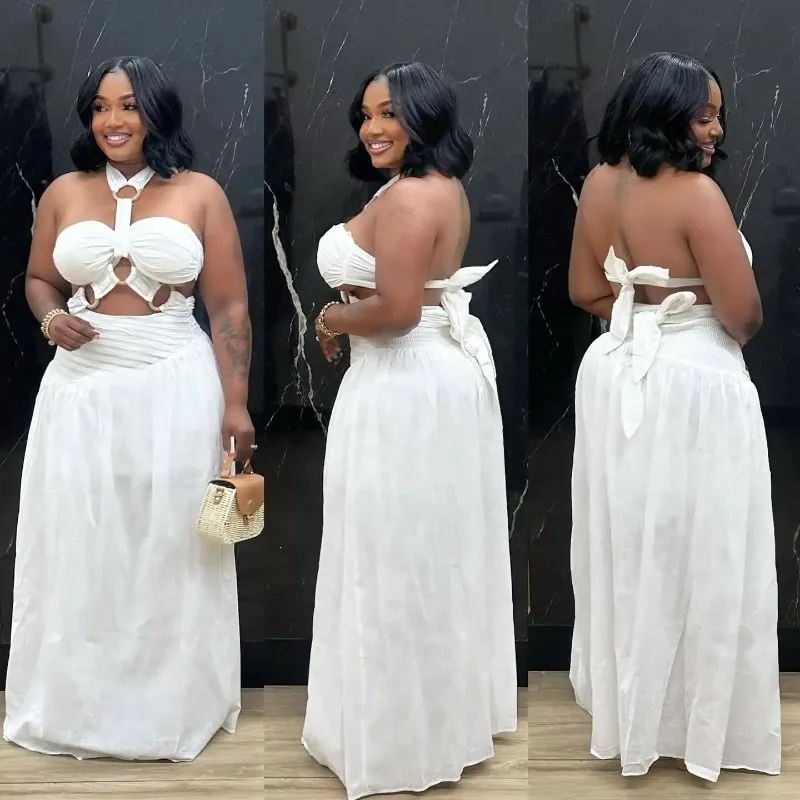 

Лето 2025 г., элегантный комплект из 2 предметов, сексуальные бандажные топы с открытой спиной и макси-юбка, спортивные костюмы, праздничная пляжная одежда, S-XXL