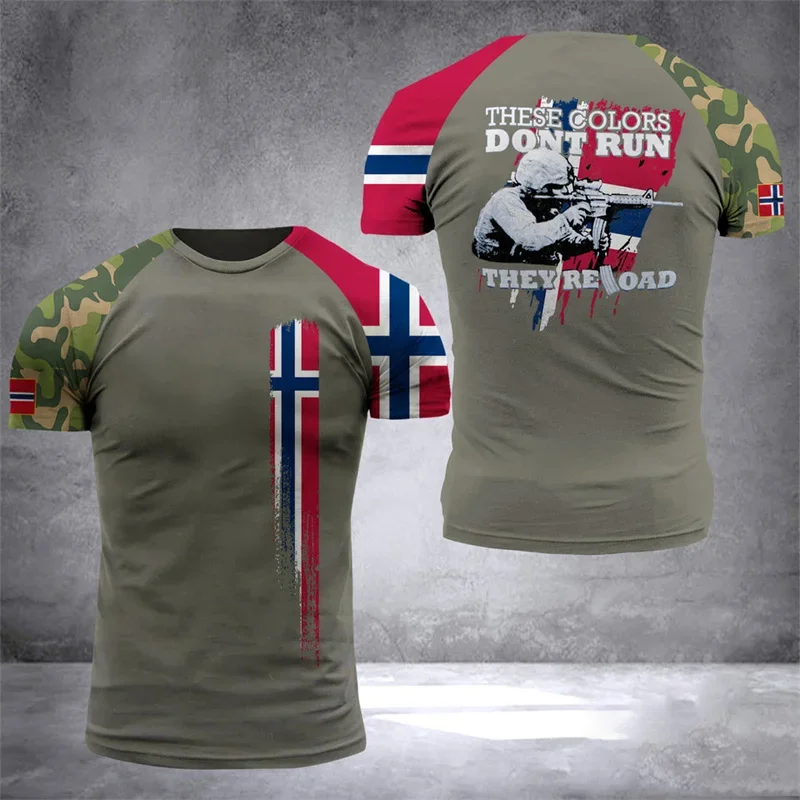 2024 New Trend Norwegian Flag T-shirt, Men\'s Clothing Summer Sports Camouflage 3D Printed T-shirt Top Oversized Short-sleeved St