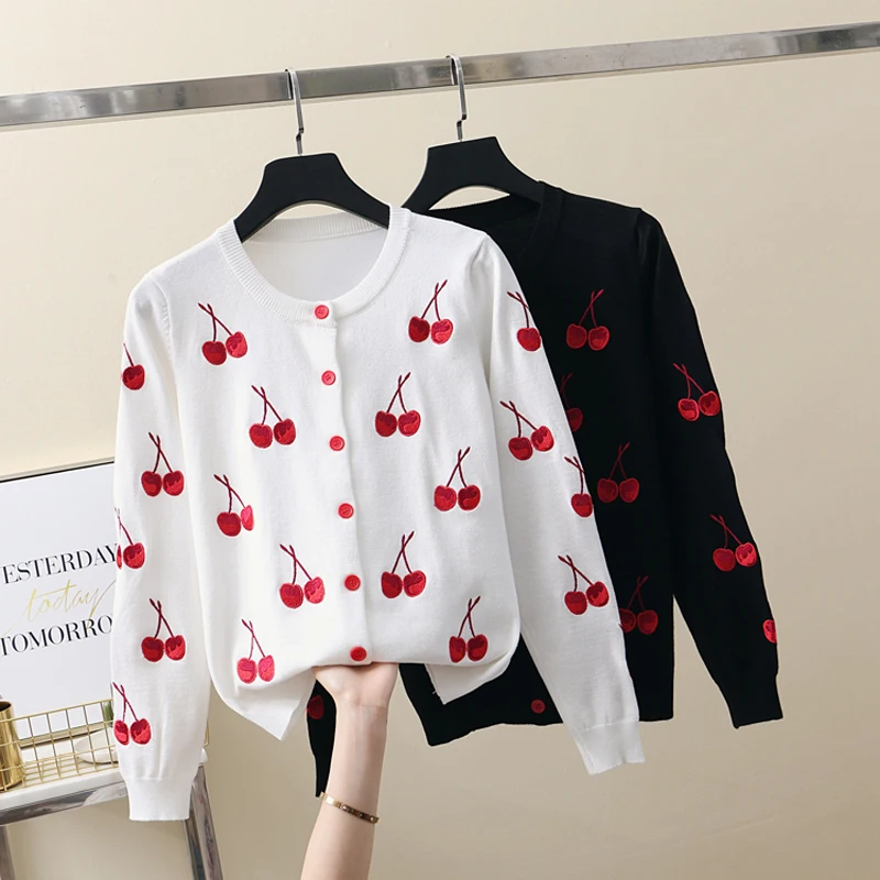 Korean Fashion Knitted Sweater Cardigan Feminino Sweet Cherry Embroidery Cardigans Tops Short Casaco Feminino Long Sleeve Jacket