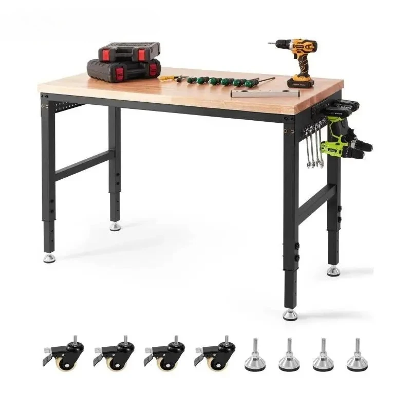 

2000 lbs 48" x 24" Adjustable Workbench 28"-39.5" Height Garage Worktable with Wheels Hardwood Top for Workshop Home