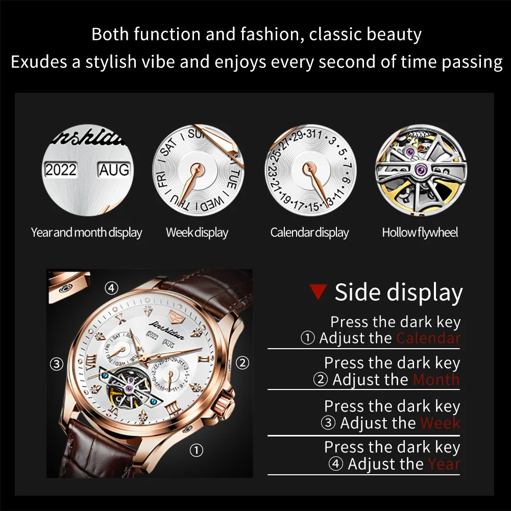 JSDUN 8926 Automatic Men\'s Watches Skeleton Design Waterproof Leather Strap  Luxury Top Brand Men Wristwatch Genuine Original