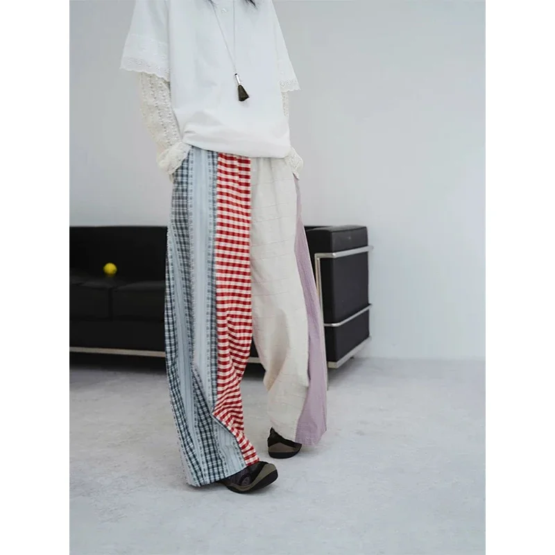 原宿ワイドレッグパンツ女性ファッションチェック柄パッチワークパンツ夏の新ヴィンテージカジュアルストレート女性のズボン
