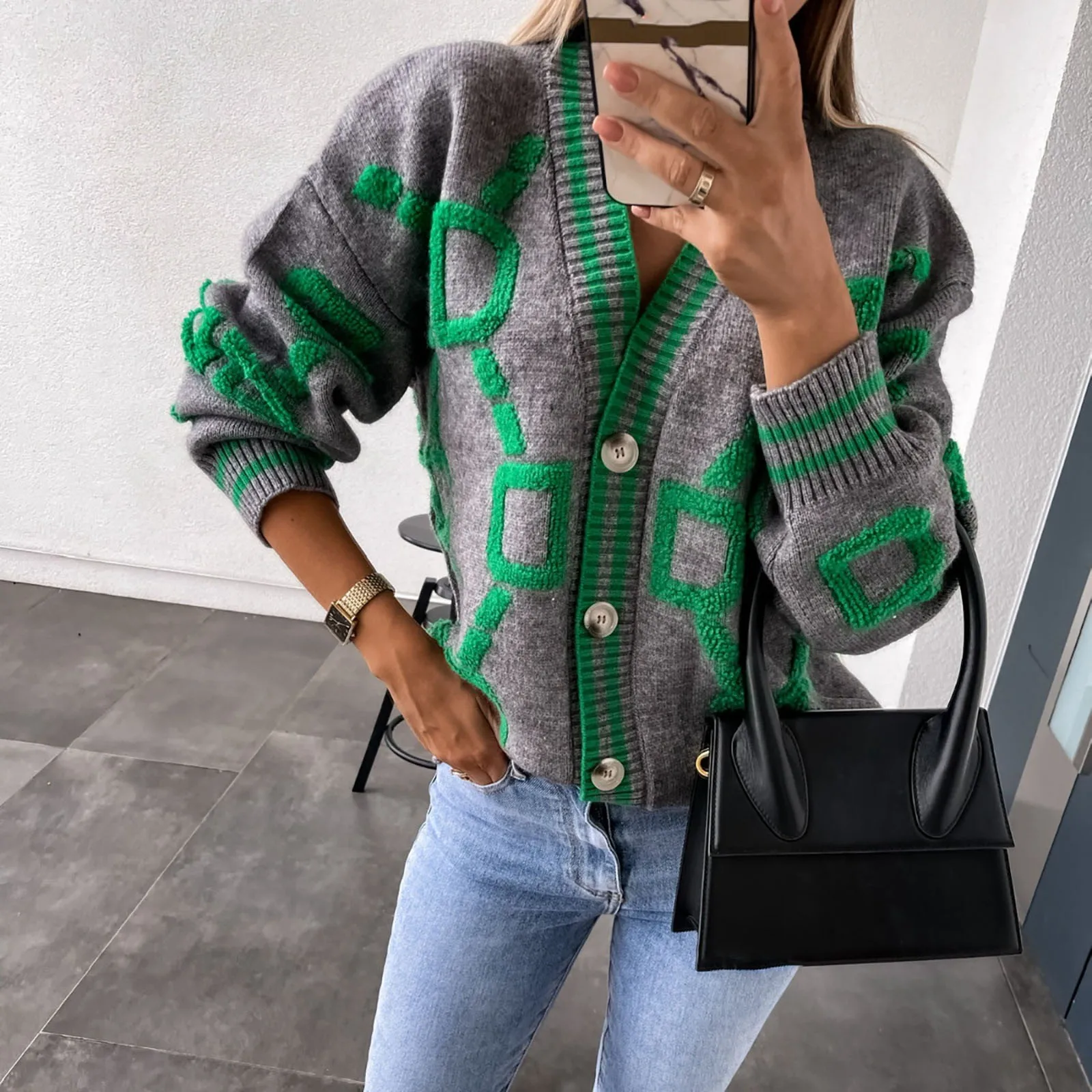 Pink Sweater Cardigan Women\'s Fashion V Neck Long Sleeved Single Breasted Sweater Coat Retro Loose Casual Knitted Top Sweater