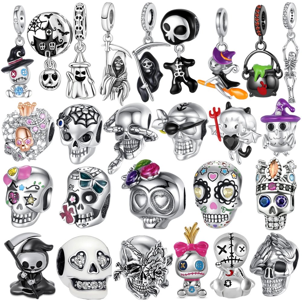 

2025 Charms 925 Sterling Silver Halloween Nightmare Skeleton Flower Skull Beads Fit Snake Chain Bracelet Necklace DIY Jewelry