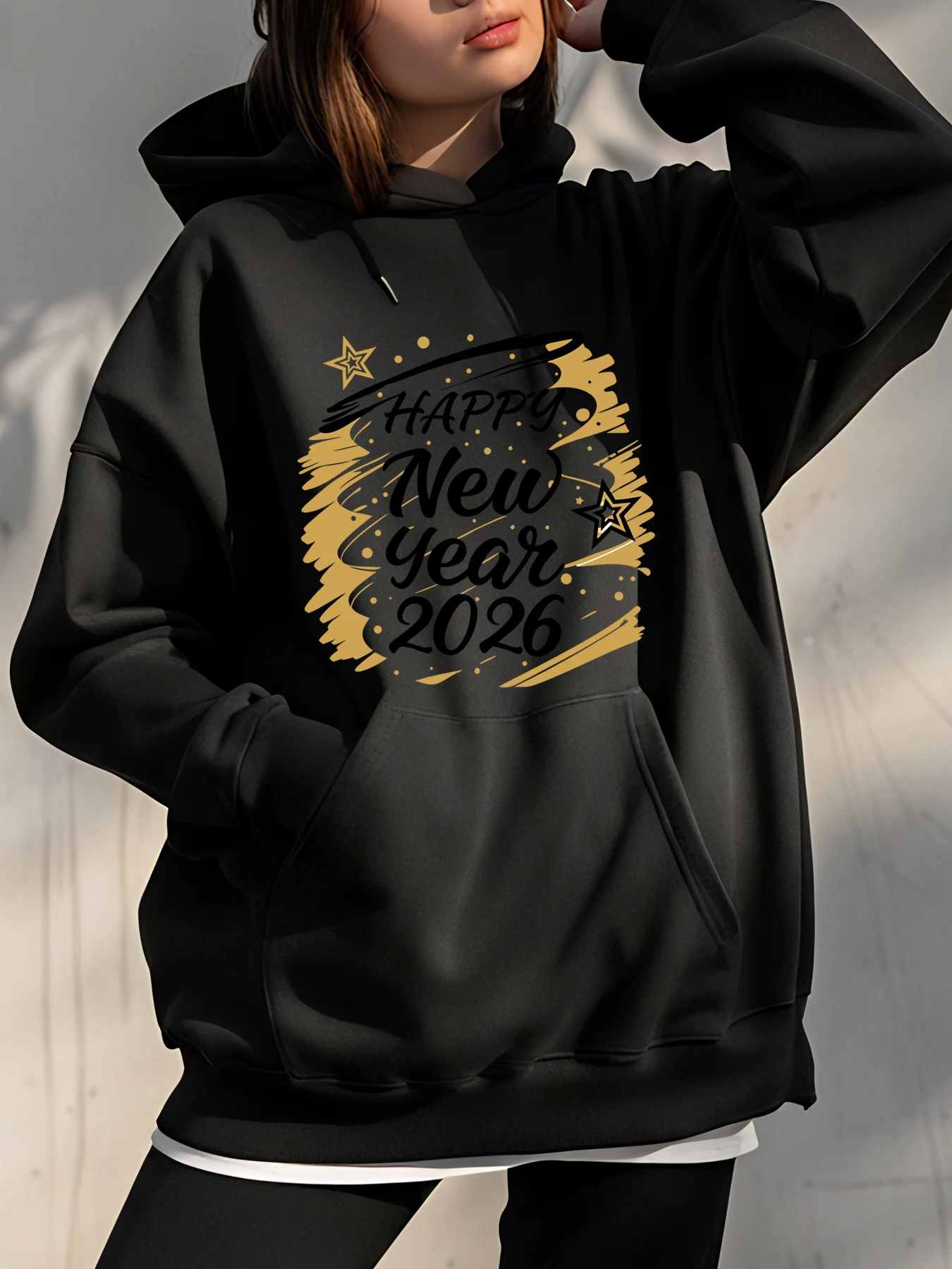 

Толстовка с принтом «С Новым годом 2026, черная, золотая звезда, дизайн, унисекс, повседневная толстовка для женщин и мужчин, праздничная одежда