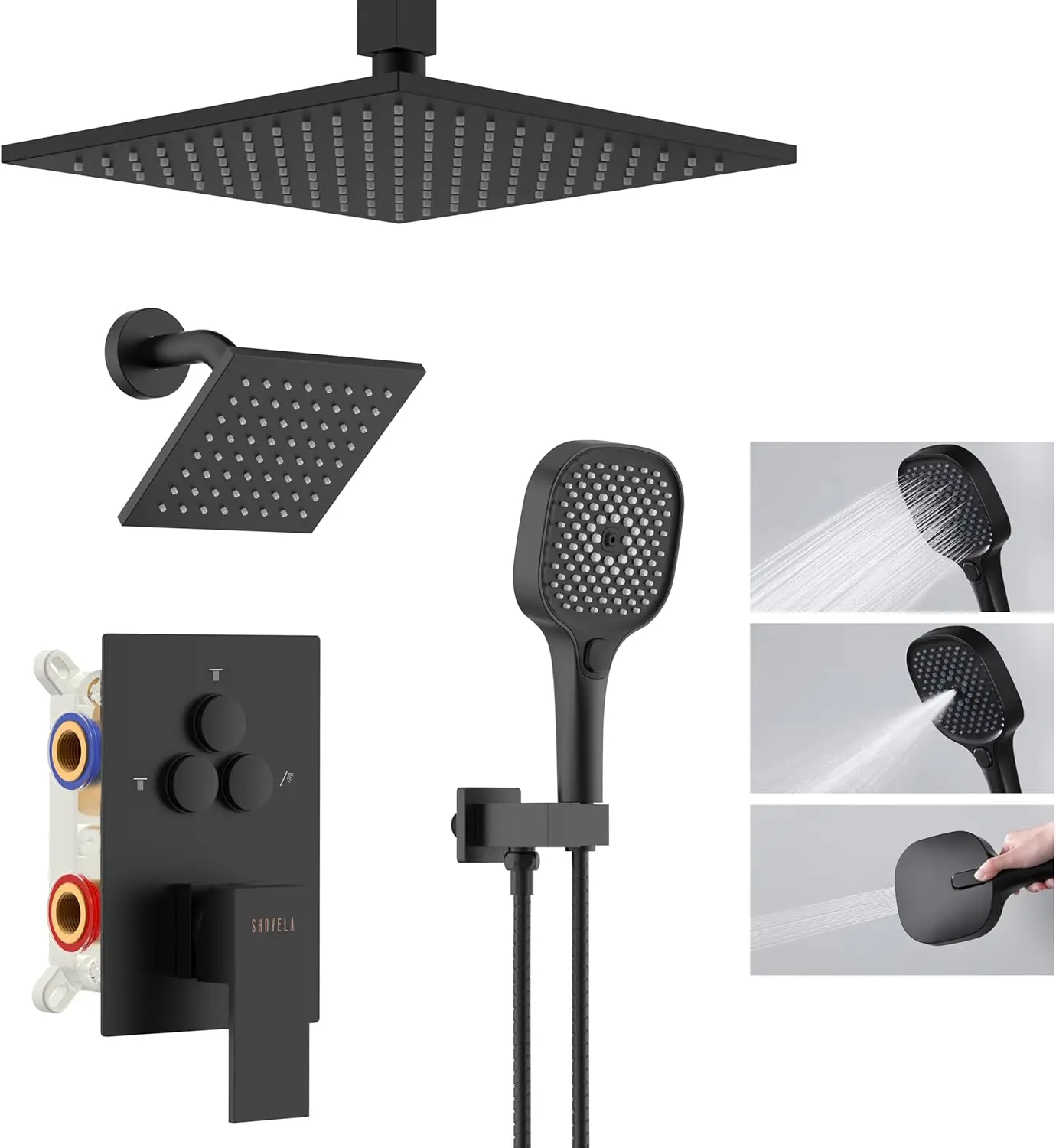 Shower System Matte Black Wall Mount Shower Faucet Set With 10 Inch Shower Head, Push Button Diverter Shower Fixtures With 3 In