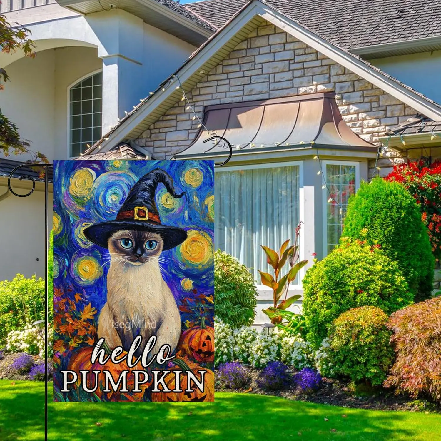 Fall Garden Flag Hello Pumpkin Siamese Cat Garden Flag 12x18 Inch Double Sided Autumn Farmhouse Seasonal Yard Outdoor Thanks GGX