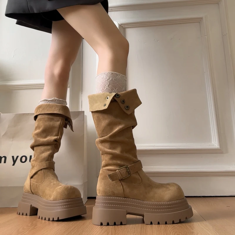 Retro Ruched Leather Long Boots for 2026 Winter, Fashionable and Versatile Style Round Head Platform Thick-soled Women's Boots