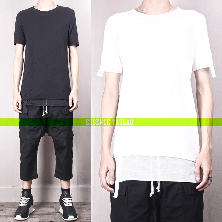 

Мужская футболка с коротким рукавом в корейском стиле, асимметричный подол, двойной слой, городской базовый крой, модная, уличная мода