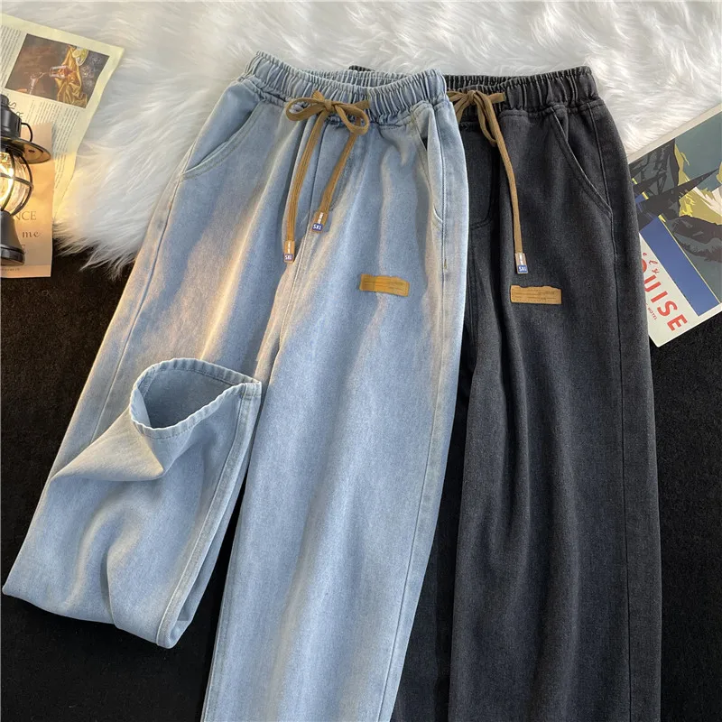 

Light Wa Men's Jeans Elastic Waist Loose Straight Leg Retro High Street Versatile Casual Long Pants Spring Trendy Brand