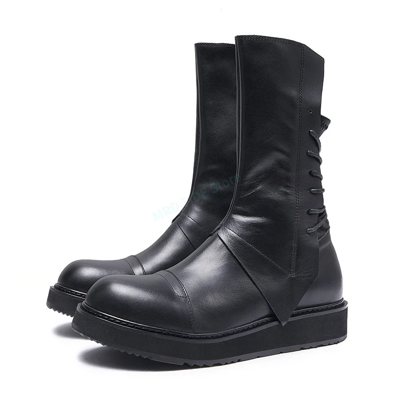 Men Ankle Shoes Genuine Leather Black Zip Lace Up HIgh Top Man's Shoes Brand Gothic Vintage Luxury Designers Fleece Wool Boots