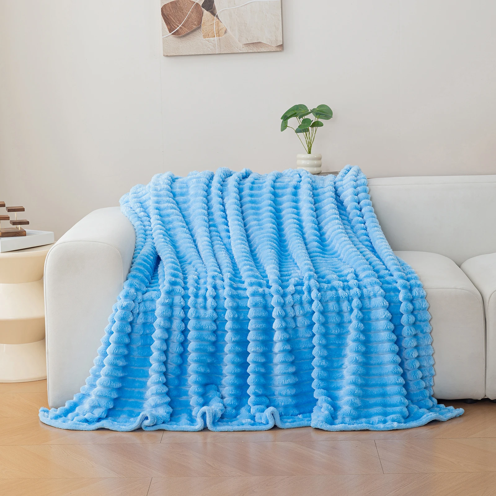 1 Stück gestreifte, einfarbige Flanelldecke, weiche und bequeme Überwurfdecke, geeignet für Sofas, Betten und Reisen, vielseitig einsetzbar – Detail 14