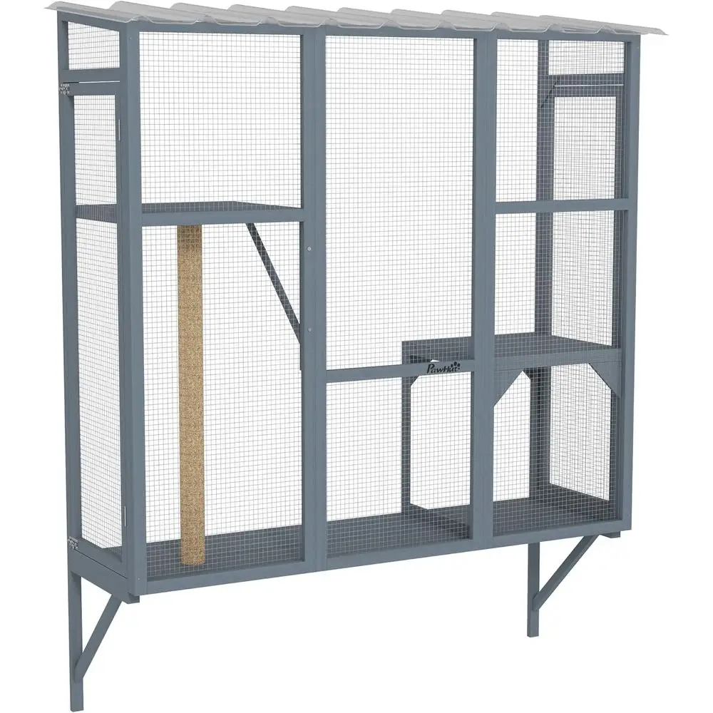 

Cat Window Catio Box Enclosure for 2-3 Cats: 2 Jumping Platforms, Scratching Post, Sunbathing, Napping, Gray