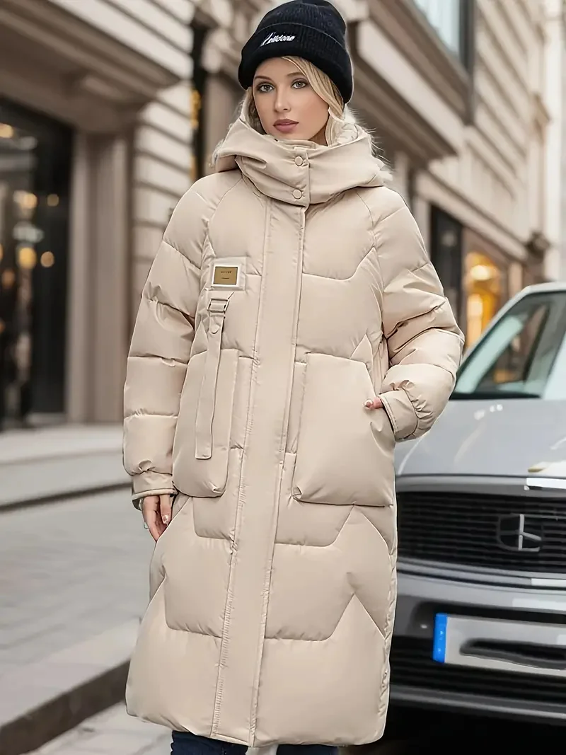 2024 New Winter Parka Woman Long Jacket Hooded Detachable Thicken Loose Fur Collar Zipper Pockets Warm Snow Wear Padded Coat