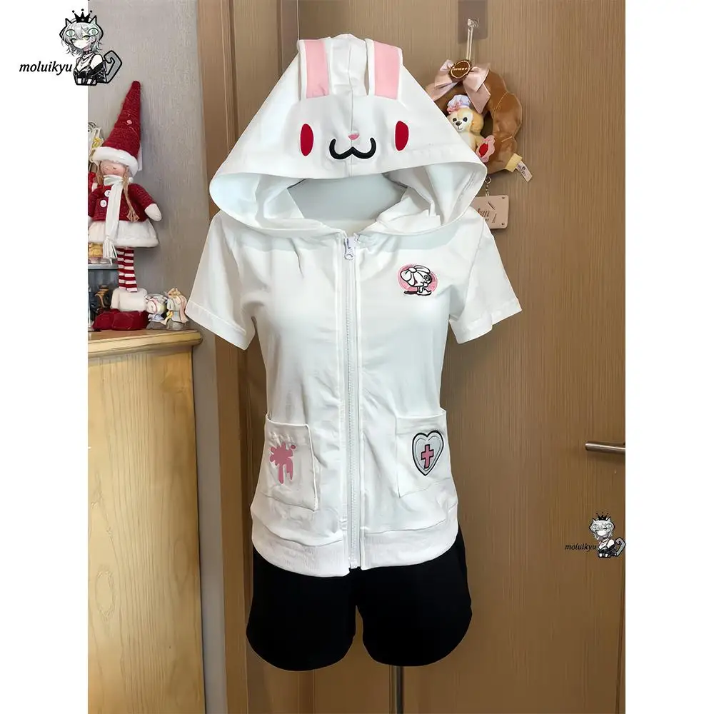 Kawaii Anime Hoodie Short Sleeve Zip Up Coat Y2K Gothic Embroidery Slim Fit Harajuku Grunge Aesthetic Women Casual Outerwear