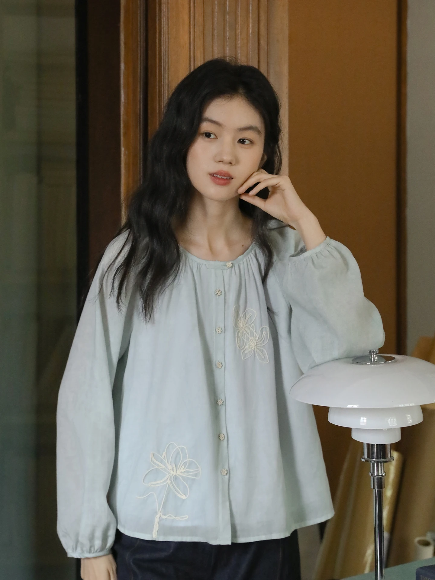 

Nesoulum Blue adient Silk Linen Long Sve irt Women's Spring Artistic Vintage Loose Top Breathable Comfortable Casual S...