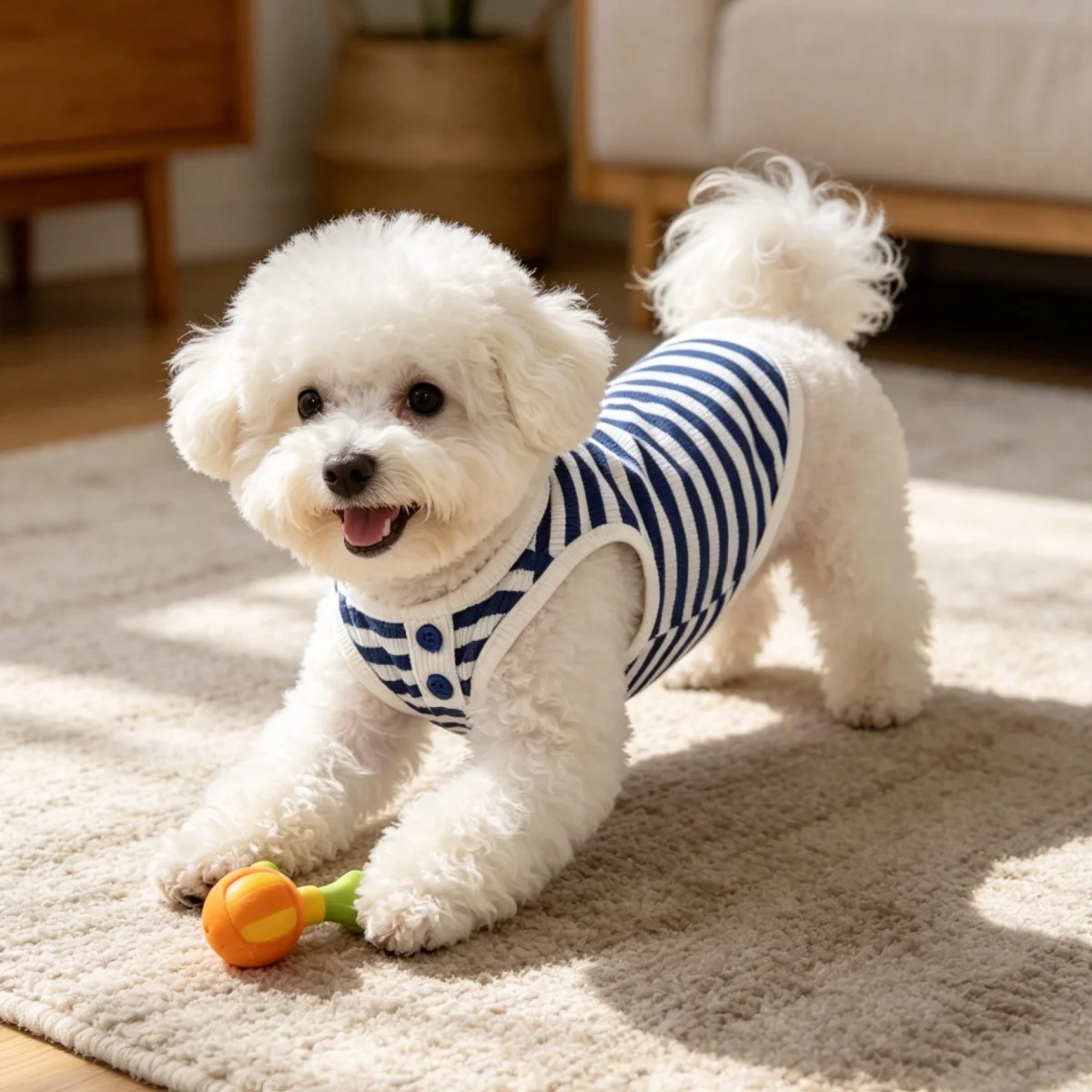 Gestreiftes Waffelstrick-Hundetop - Ärmellose Haustierweste mit Knopfdetail für Kleine Rassen – Detail 4