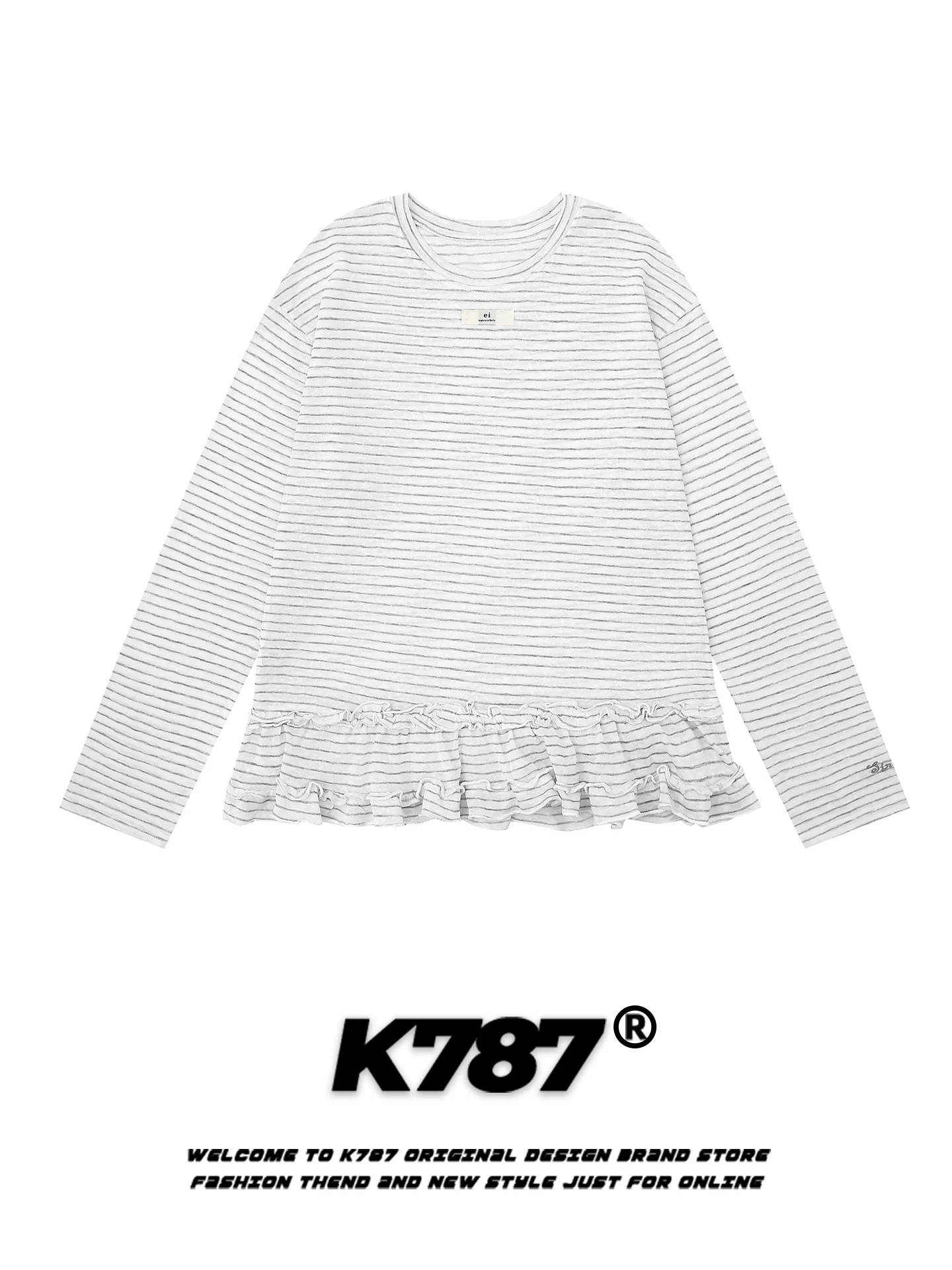 

Свободная женская футболка с длинным рукавом в американском стиле, с плиссированным подолом, в полоску, для похудения, повседневная, весенняя, модная, K787