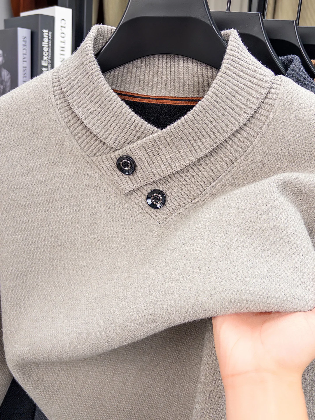 

Мужской вязаный утепленный свитшот с высоким воротником, теплый базовый слой, повседневный, стандартный крой, длинный рукав