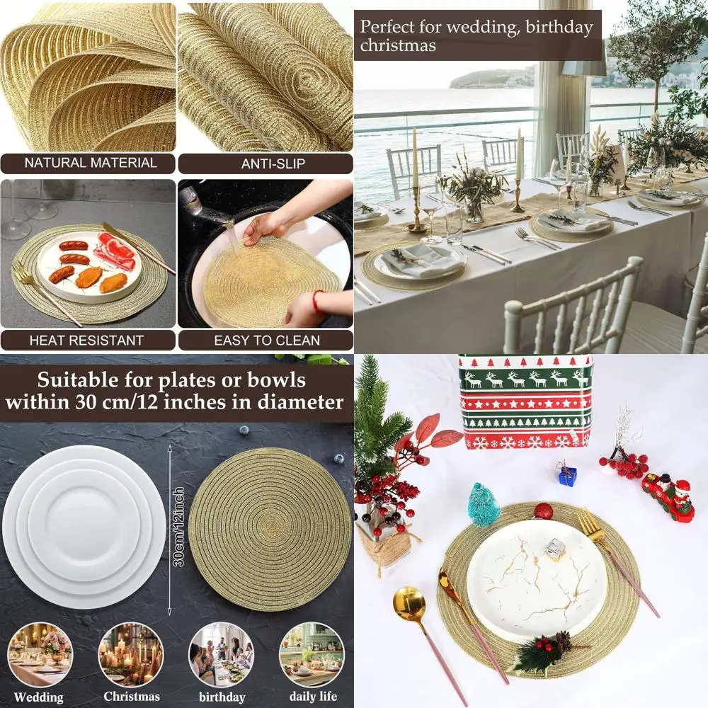 

13 Round Bohemian Style Woven Placemats (48 Pack) - Gold for Festive Dining & Celebrations