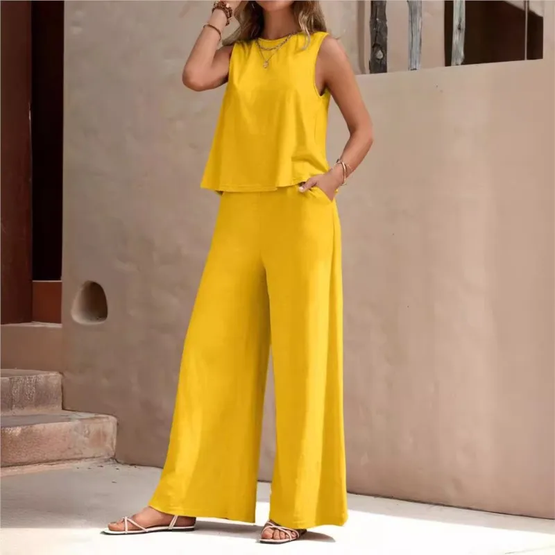 Women\'s Set 2024 Summer New Yellow Round Neck Sleeveless Shirt Wide Leg Pants Two Piece Set For Women Versatile Casual Outfits