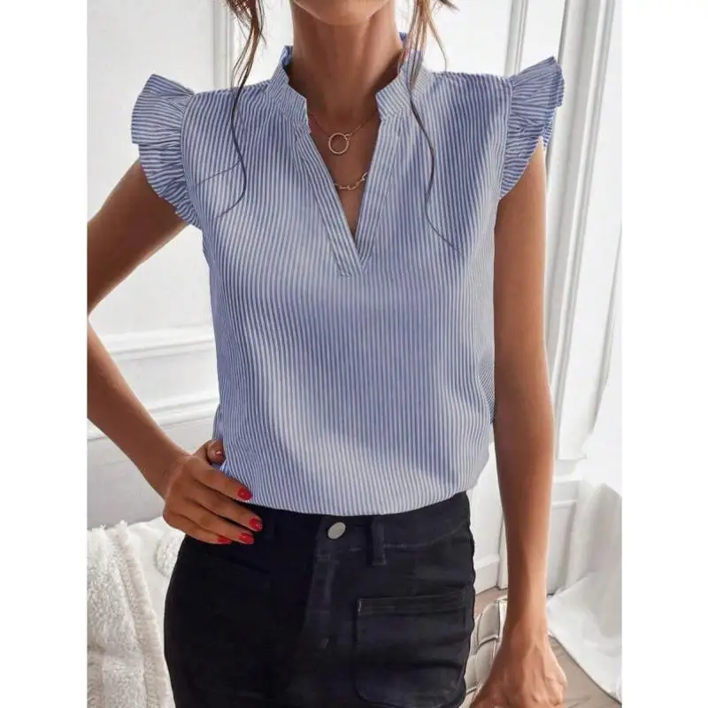 

Casual Striped V-ne Bubble Sve irt New L 30202 Cross-border Workplace irt for Women Polyester Fabric Seven-quarter S...