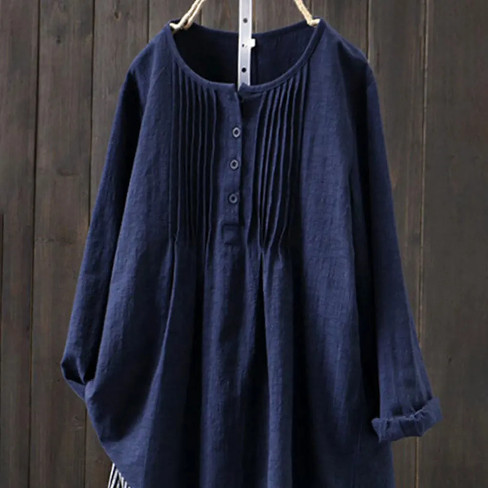 Women Vintage Solid Cotton and Linen Blouse Casual Autumn Summer Long Sleeve O Neck Button Loose Shirts Oversized Tops