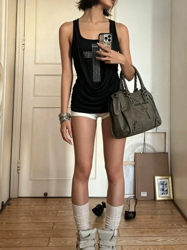 Women Y2K Gothic Black Fake Two Piece Tank Top Rivet Cross Decor Draped Neck Slim Sleeveless Vest