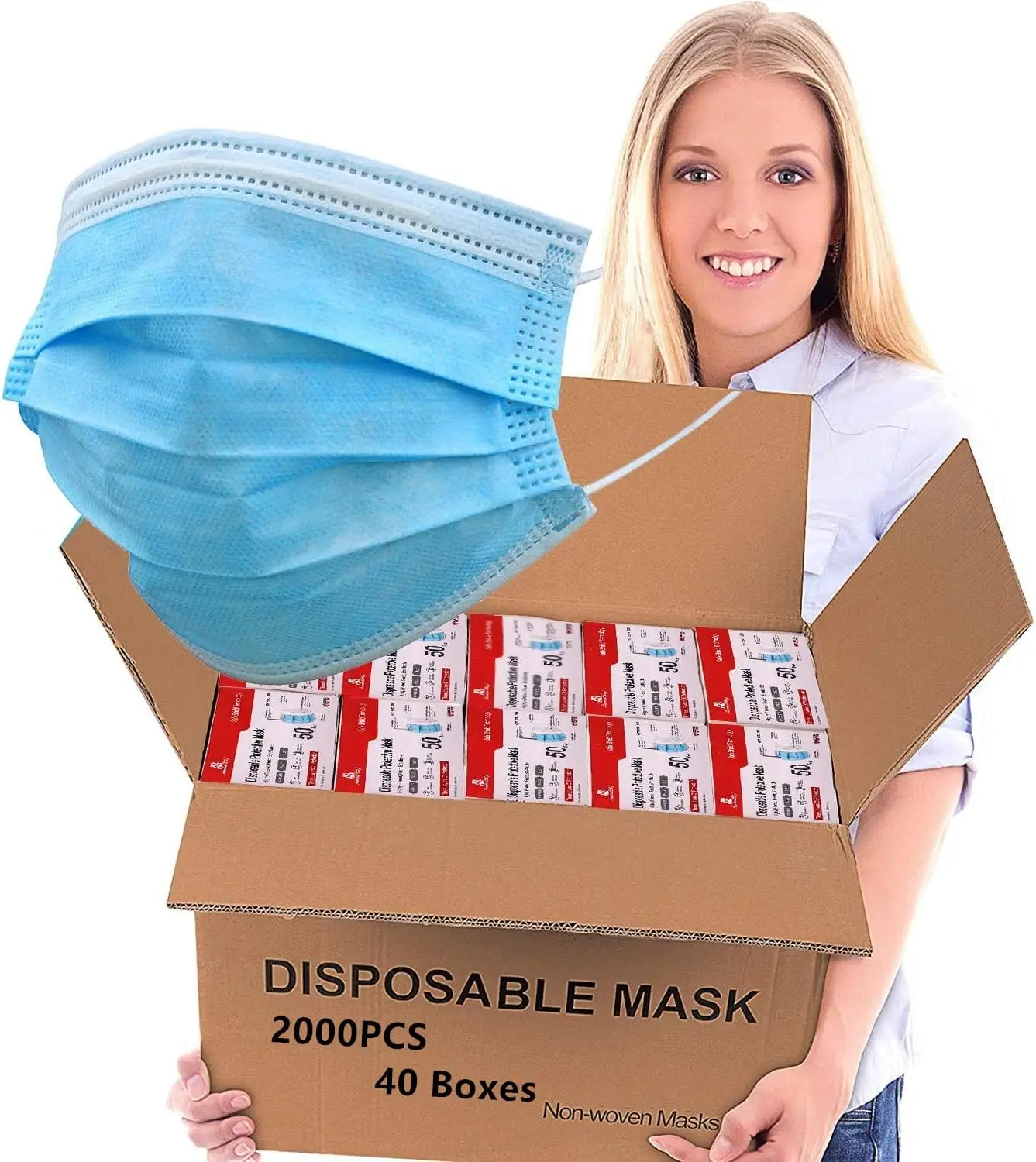 

2000 PCS Bulk Blue Face Masks, Non-Woven 3-Layers Breathable with Adjustable Earloop for Comfort