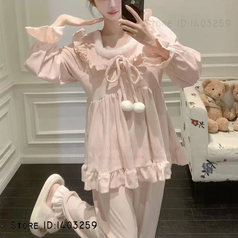 

Бархатный женский пижамный комплект New Island, одежда для дома, милый милый пуловер с рюшами по краям, брючный пижамный костюм, велюровая одежда для сна