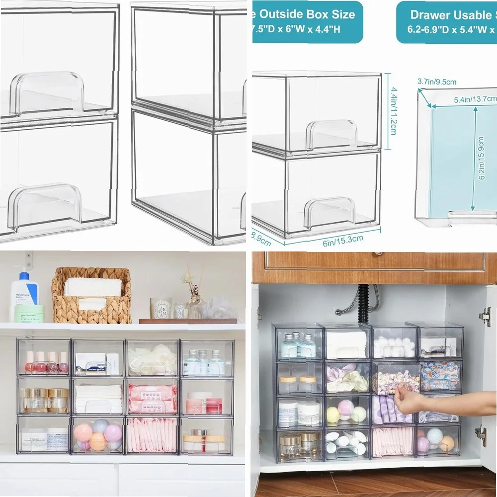 

6 Pack Clear Stackable Storage Drawers - Plastic Organizer for Bathroom Makeup, Kitchen Cabinets, Pantry & Home Organization