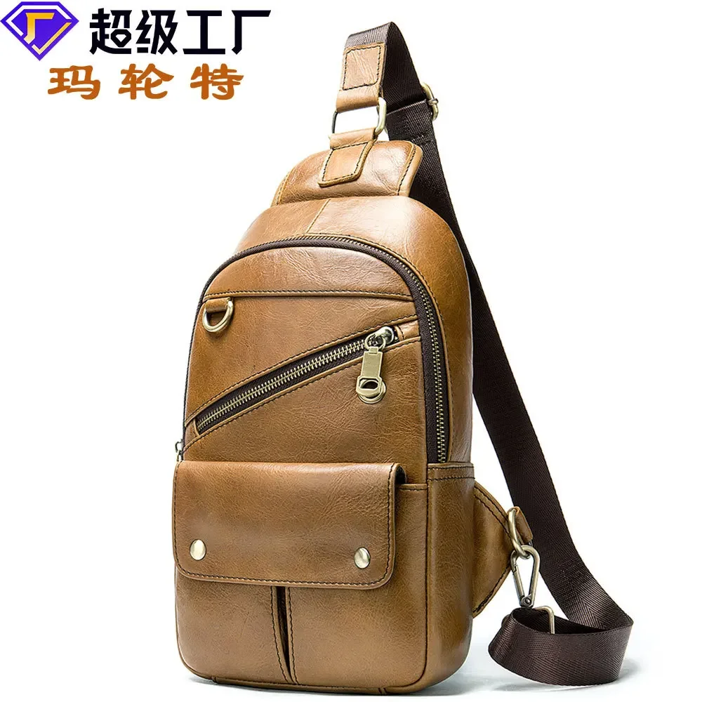 New top layer cowhide men's outdoor crossbody chest bag, sporty and casual single shoulder chest bag, trendy