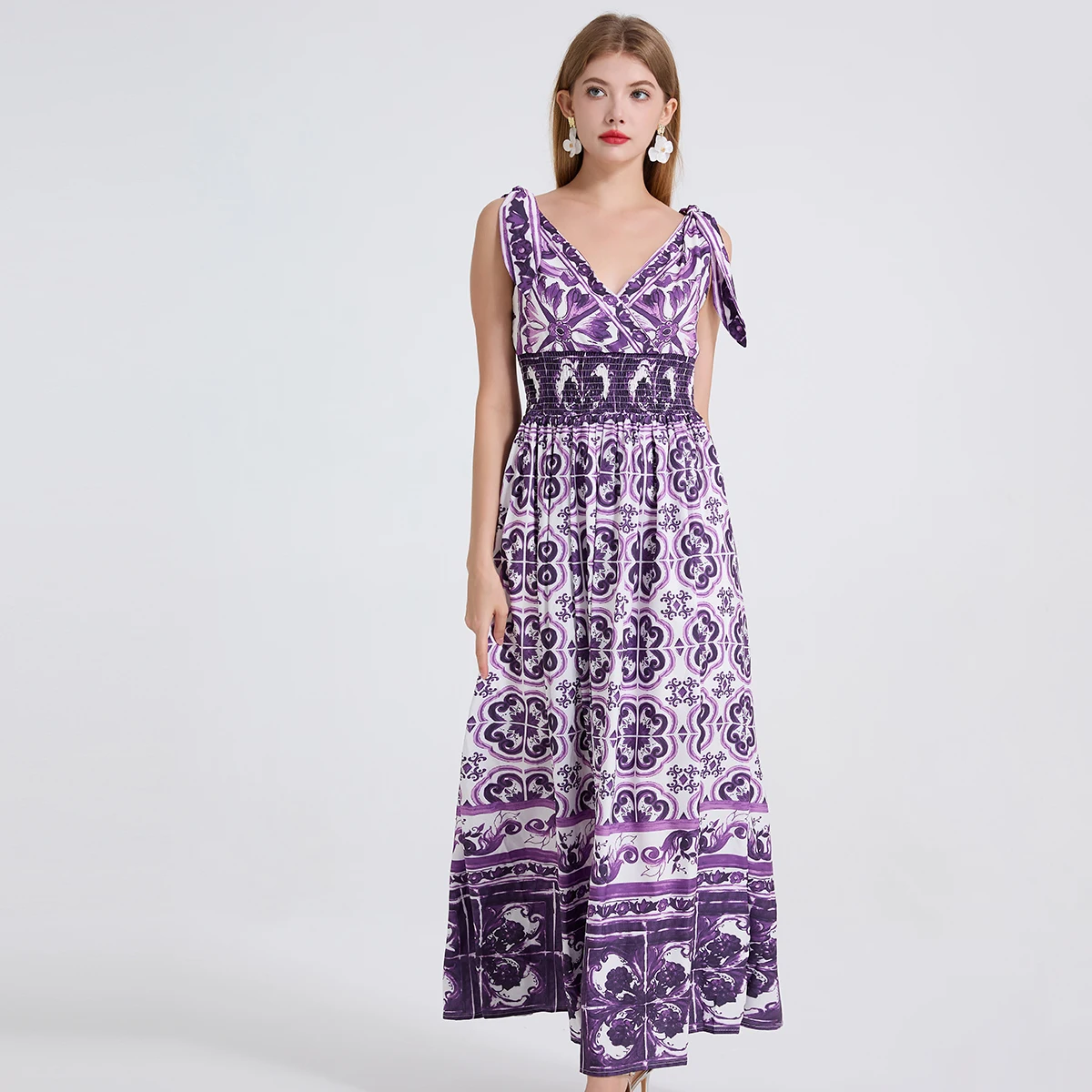 

Fashion Runway Summer Floral Maxi Dress Women Straps Bow Purple Blue White Porcelain Print Elastic Waist Holiday Beach Dresses