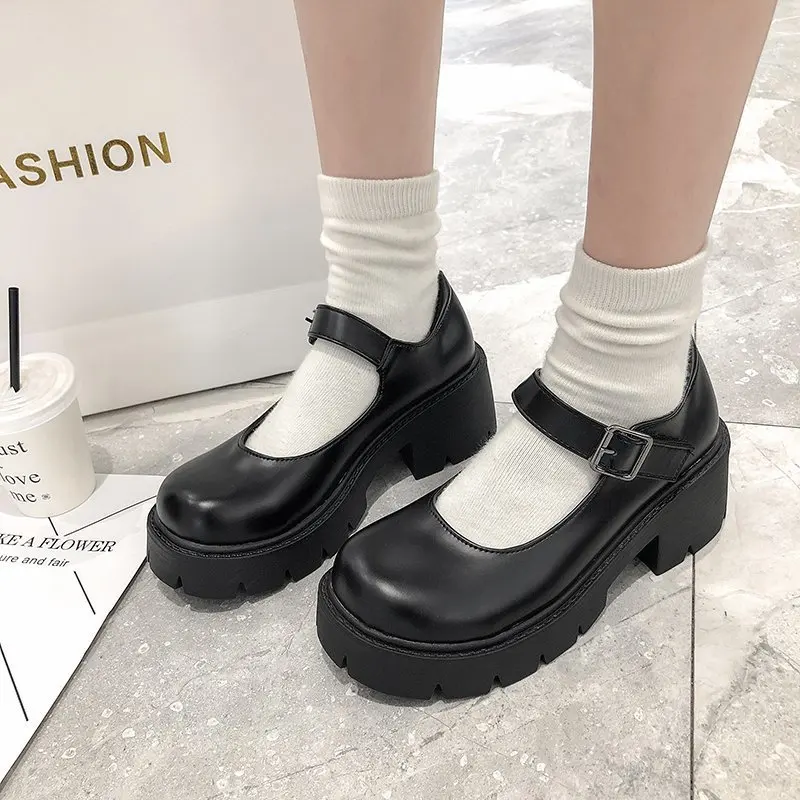 

Buckle Designer Big Size Mary Janes Shoes Women Chunky Heel PU Leather Shoes Female Retro Fashion Casual Low Heel Pumps Woman