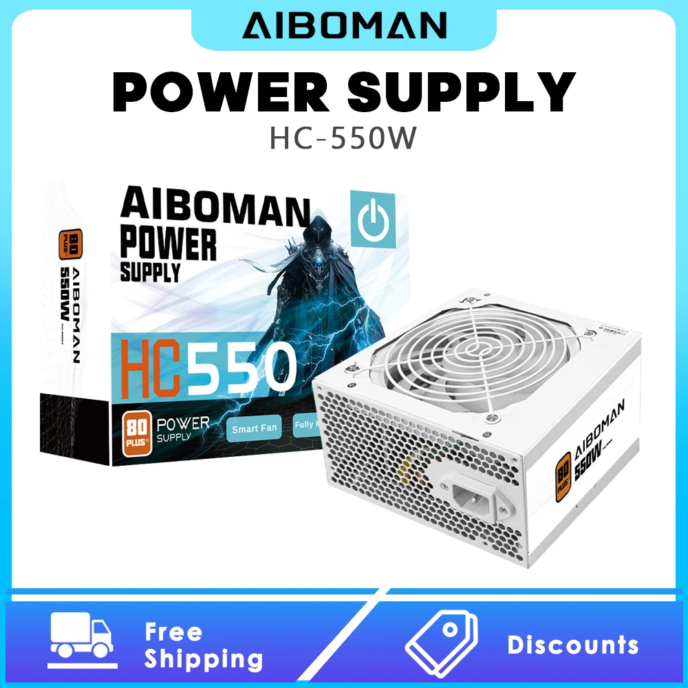 AIBOMAN Power Supply 550W 80PLUS Bronze Power Supply Gaming 550 Watt 80+ Bronze White PSU