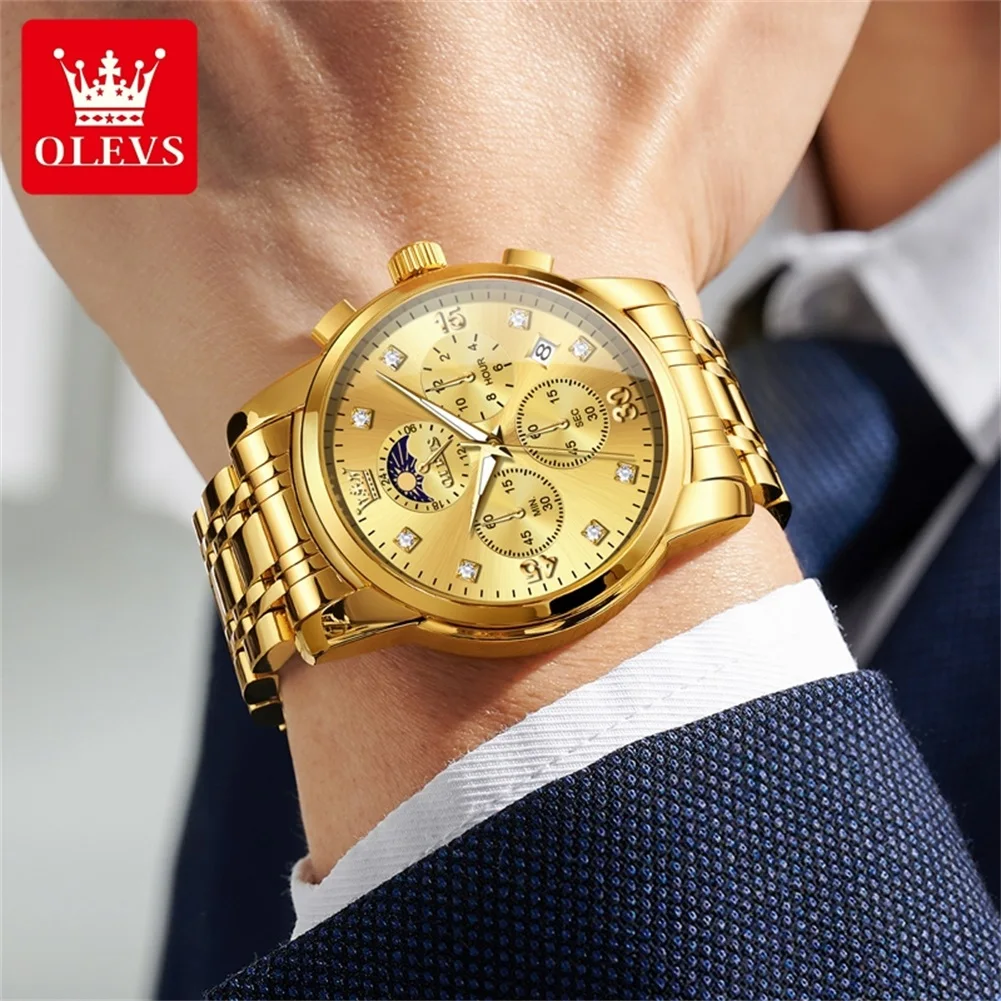 OLEVS 3652 Men's Watch Original Luxury Gold Business Moon Phase Chronograph Auto Date Luminous Quartz Wristwatch for Man