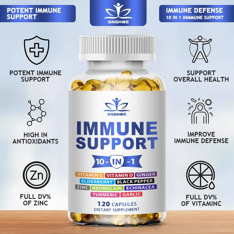 120 Organic Immune Supplements Containing Elderberry, Vitamin C And Zinc 50mg, Vitamin D,Curcumin And Ginger, Echinacea