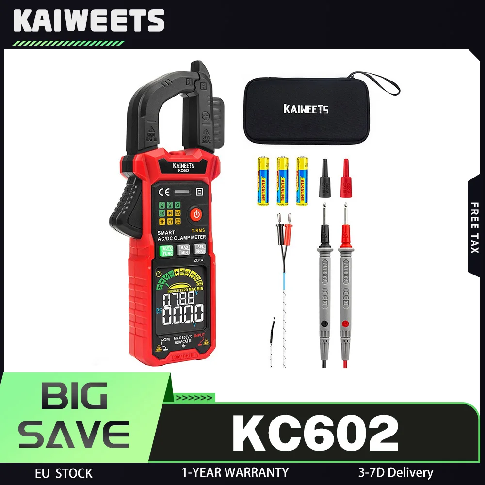 KAIWEETS KC602 pince multimètre numérique intelligente, 6000 points True-RMS, plage automatique, courant AC/DC, fonction de détection NCV, écran couleur HD