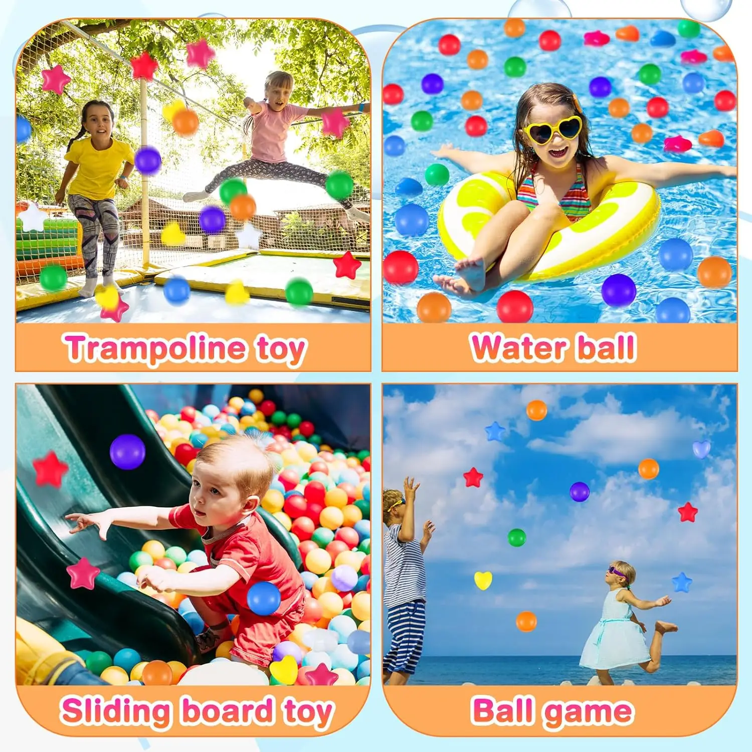 100 piezas de bolas para niños, bolas de plástico con forma de corazón y estrella para parque infantil, juguete de juego de 2,17 pulgadas para piscina inflable de túnel para gatear Bi