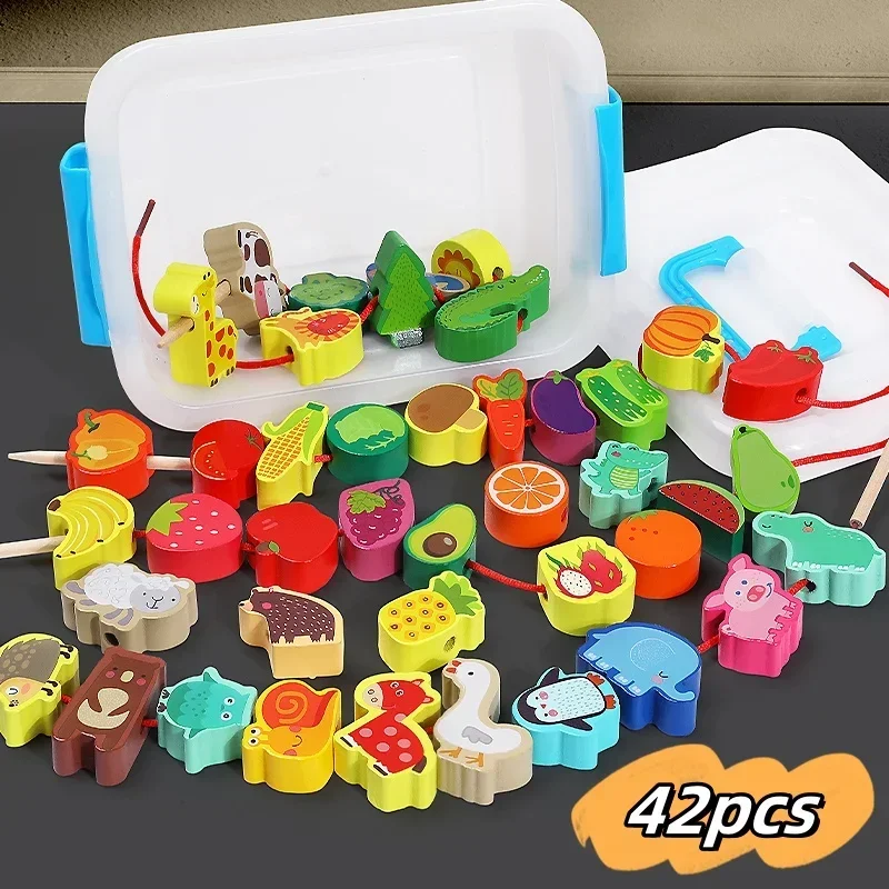 42pcs Beaded Wooden Toys Baby Cartoon Fruit Animal Stringing Wooden Beads DIY Montessori Toys Children's Educational Games